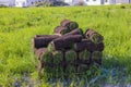 Close up view of lawn turf grass rolls on green grass background. . Royalty Free Stock Photo