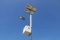 Close up view of LED street light with solar cell on clear blue sky background with clouds. Royalty Free Stock Photo