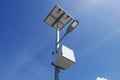 Close up view of LED street light with solar cell on clear blue sky background with clouds. Royalty Free Stock Photo