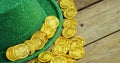 Close up view of leprechauns hat and gold for st patricks