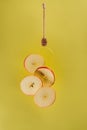 close up view of levitating pieces of apple