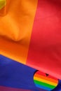 Close-up view of the LGBT pride flag with the heart coloured in LGBTQ pride colours. Concept of the Valentine day, freedom,
