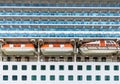 Close up view of life boats and exterior board cabins on a large cruise ship