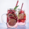 Close up view on lime and strawberry detox drink in glass mason jars on a blue background 17 Royalty Free Stock Photo