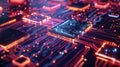 Glowing Circuit Board With Advanced Microprocessors at Night