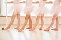 Close up view. Little ballerinas preparing for performance by practicing dance moves