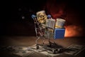 close up view of little shopping trolley full of coins isolated on brown.Gold coins in shopping online cart isolated on brown back Royalty Free Stock Photo
