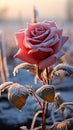 Close up view of a lone rose in a frosty and expansive field