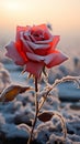 Close up view of a lone rose in a frosty and expansive field