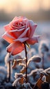 Close up view of a lone rose in a frosty and expansive field