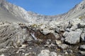 A close up view looking up at falling water from a creek rolling down the side of a steep mountain with the mountain