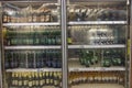 Close up view of low alcohol beer shelves. Healthy lifestyle.