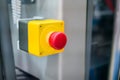 Close up view: machine control panel with red switch button - emergency stop Royalty Free Stock Photo