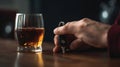 Close up view of man with car key and alcoholic beverage. Don\'t drink and drive concept, AI Generative