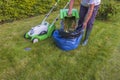 Close up view of man emptying grass mower after cutting grass on green grass background. Royalty Free Stock Photo