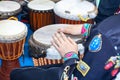 Close up view of the man hands playing the ethnic drum, musical performance Royalty Free Stock Photo