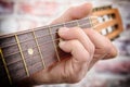 Close-up view of man`s hand playing guitar Royalty Free Stock Photo