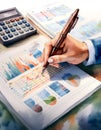 Close up view of man's hands analyzing colorful charts and graphs with a pen and calculator, representing data analysis.
