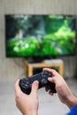 Close up view of man`s hands with controller for playing video g