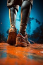 Close-up view of a man\'s sneakers as he walks across a surface covered in bright orange paint