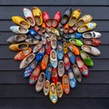Close up view of many colorful traditional clogs hanging on the wall of a house in the Netherlands