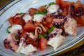 Close up view of a marinated octopus with olive olio on plate Royalty Free Stock Photo
