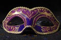 Close-up view of Masquerade mask with confetties on black background