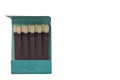 Close up view of matches in cardboard green pack on white background isolated. Royalty Free Stock Photo