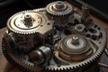 Close up view of the mechanism of an old gearbox. 3D rendering, Realistic gear set in an engine, AI Generated Royalty Free Stock Photo