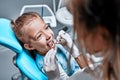 Close-up view medical dentist procedure of teeth polishing with clean Royalty Free Stock Photo