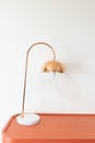 Close up view of metal electrical table lamp with light bulb on the wooden orange desk Royalty Free Stock Photo