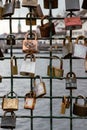 many locks attached to a fence near the water in a city