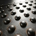 A close-up view of a metal surface featuring a pattern of protruding round rivets. The Royalty Free Stock Photo