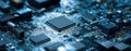 The close-up view of a microchip on a complex motherboard. AI generated image Royalty Free Stock Photo