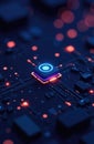 A close-up view of a microchip with glowing circuits and lights. The background is dark, highlighting the intricate details of the Royalty Free Stock Photo