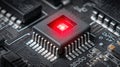 Close-up View of a Microchip With Glowing Red Light on a Circuit Board During Electronic Testing in a Lab Royalty Free Stock Photo