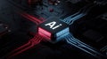 Artificial Intelligence Chip on Circuit Board Glows With Red and Blue Light Royalty Free Stock Photo