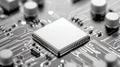 Close-up view of a microprocessor chip on a circuit board, showcasing intricate details of modern electronics technology Royalty Free Stock Photo