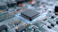 Close-up view of a microprocessor on a circuit board, showcasing intricate details of electronic components and connections, Royalty Free Stock Photo