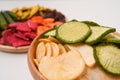 Mix vegetable chips in wooden bowl. Royalty Free Stock Photo