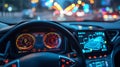 Close-up view of modern car dashboard and steering wheel. Electronic vehicle monitoring and control system with a full Royalty Free Stock Photo