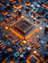 Close up View of Modern Central Processor Unit on a Circuit Board with Microchips, Transistors, and Electronic Components