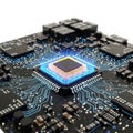 Close-up view of a modern computer processor on a circuit board with blue lighting Royalty Free Stock Photo