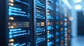 Closeup view of modern data server racks with dynamic blue lighting and digital displays showcasing technology and connectivity Royalty Free Stock Photo