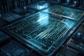 Close up view of modern electronic circuit board. Technology concept. 3D Rendering, High tech circuit board with futuristic server