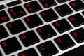 Close up view of a modern laptop computer keyboard key with red buttonss. Pc computer keyboard close up Royalty Free Stock Photo