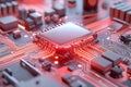 Close-Up View of a Modern Microprocessor on a Circuit Board with Glowing Red Lights Royalty Free Stock Photo