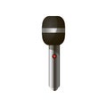 Close-up view of modern news, vocal microphone with black head and silver handle