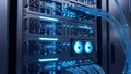 Server Racks with Blue LED Lights and Fiber Optic Cables in Data Center Royalty Free Stock Photo