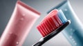 Close-up view of a modern toothbrush with red and blue toothpaste Royalty Free Stock Photo